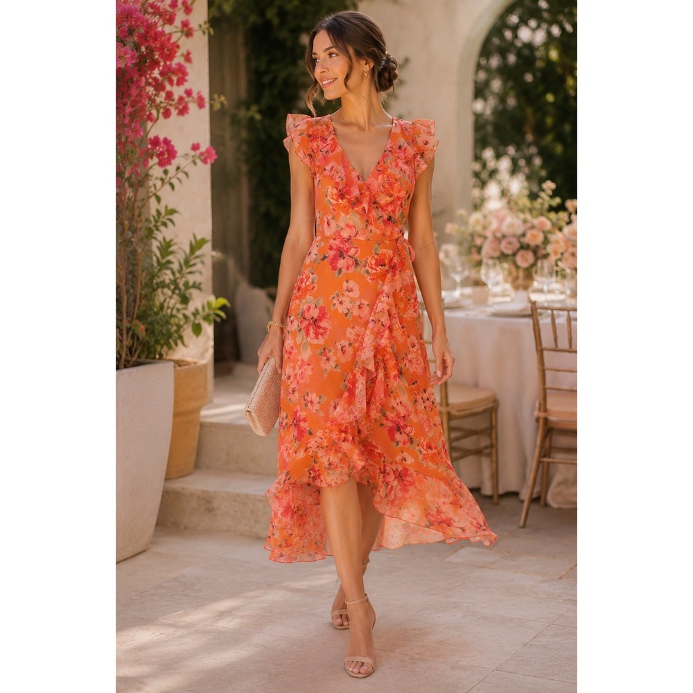 London Times Floral Ruffle Wrap Midi Dress Coral Orange Wedding Guest‎ 6P